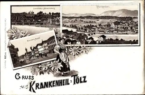 Litho Krankenheil Bad Tölz im Isartal Oberbayern, Isarbrücke, Kalvarienberg, Oberer Markt, Panorama 