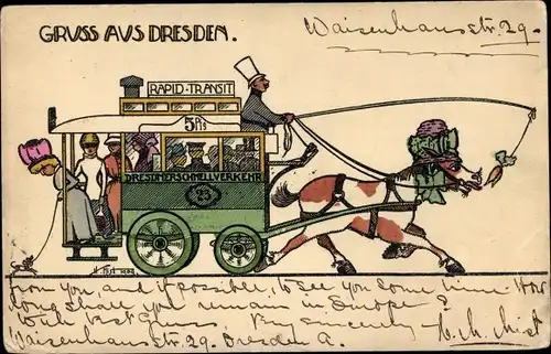 Künstler Ak Dresden, Rapid Transit, Dresdner Schnellverkehr, Pferdebahn, Pferd mit Hut