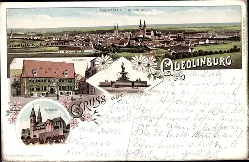 Litho Quedlinburg im Harz, Schloss, Rathaus, Mathildenbrunnen, Panorama von der Altenburg aus