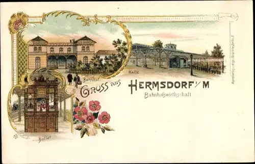 Litho Berlin Reinickendorf Hermsdorf, Hermsdorf in der Mark, Bahnhof, Bahnhofswirtschaft, Buffet