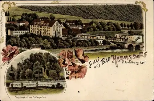 Litho Jerzmanice Zdrój Bad Hermsdorf Schlesien, Panorama, Wasserfall im Badegarten