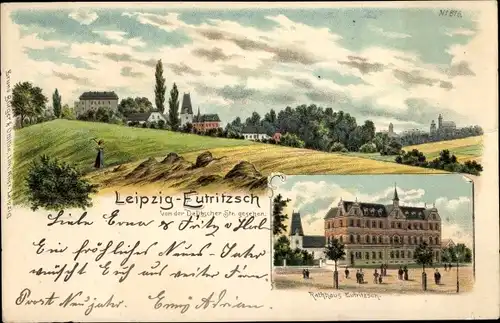 Litho Eutritzsch Leipzig in Sachsen, von d. Delitscher Straße gesehen, Rathaus, Bürger & Ottilie 876