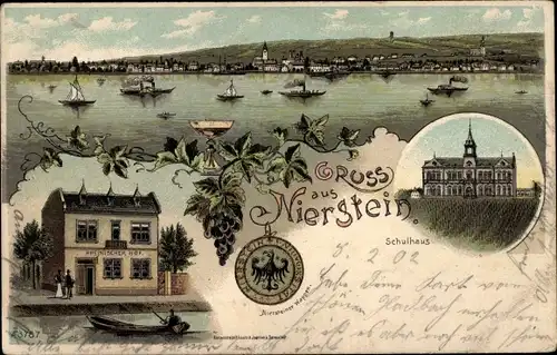 Litho Nierstein am Rhein, Gesamtansicht, Rheinischer Hof, Schulhaus