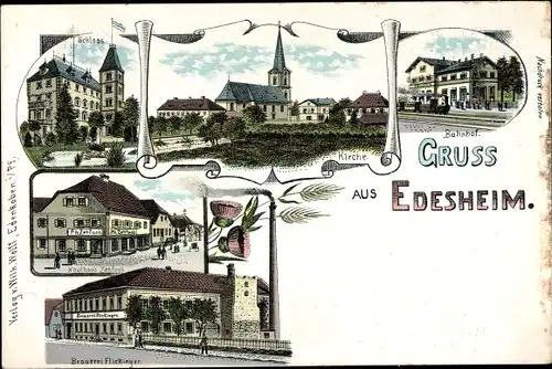 Litho Edesheim in der Pfalz, Kirche, Schloss, Bahnhof, Kaufhaus Zenfuss, Brauerei Flickinger