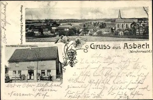 Ak Asbach im Westerwald, Gesamtansicht, Kirche, Gasthaus v. Joseph Manns