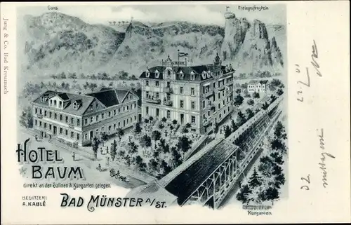 Ak Bad Münster am Stein, Hotel Baum, Kurgarten, Rheingrafenstein