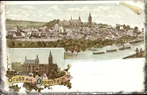 Litho Oppenheim am Oberrhein, Gesamtansicht, Kirche