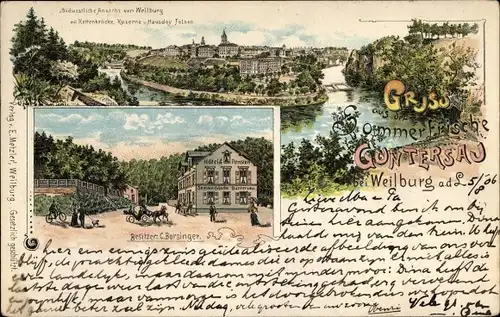 Litho Guntersau Weilburg an der Lahn Hessen, Hotel und Pension Guntersau, Stadtansicht