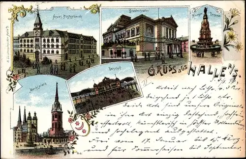 Litho Halle an der Saale, Marktplatz, Neues Postgebäude, Stadttheater, Kriegerdenkmal, Bahnhof