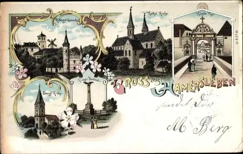 Litho Hamersleben, Rittergut Grauerhof, Kath. Kirche, Klostertor, Ev. Kirche