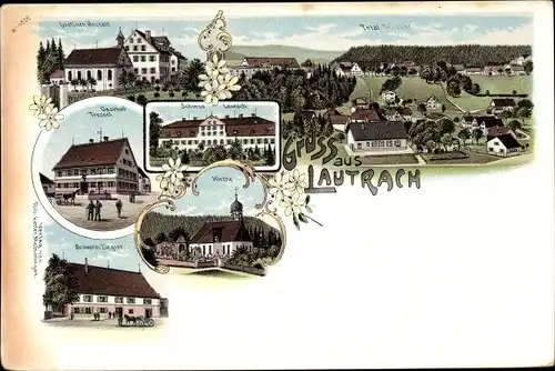 Litho Lautrach in Schwaben, Gretinenanstalt, Gasthof Tressel, Schloss, Brauerei Ziegler, Kirche