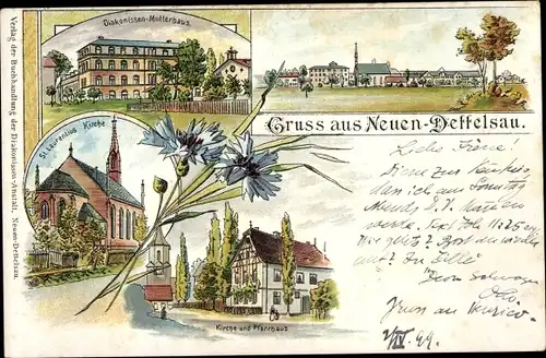 Litho Neuen Dettelsau Neuendettelsau in Mittelfranken, Diakonissen Mutterhaus, St. Laurentius Kirche
