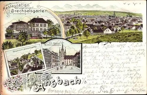 Litho Ansbach in Mittelfranken Bayern, Restauration Drechselsgarten, Markt, Gumbertuskirche