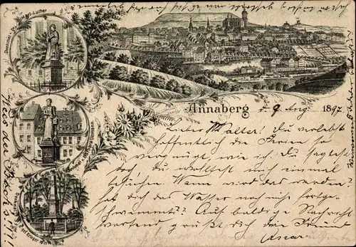 Litho Annaberg Buchholz im Erzgebirge, Gesamtansicht, Luther Denkmal, Denkmal Barbara Uttmann