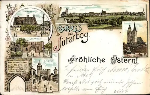 Litho Jüterbog in Brandenburg, Stadtkirche, Rathaus, Tor, Glückwunsch Ostern