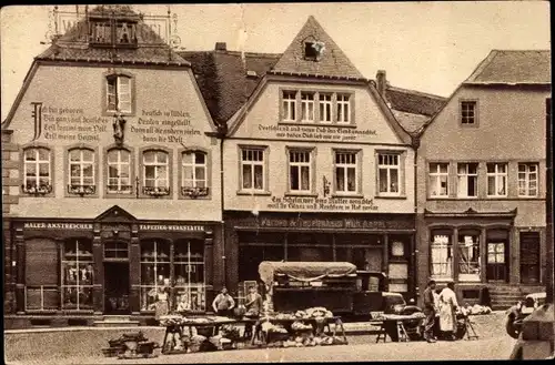 Ak Sankt Wendel Saarland, Häuser mit Bekenntinissprüchen am Domplatz, Marktstände