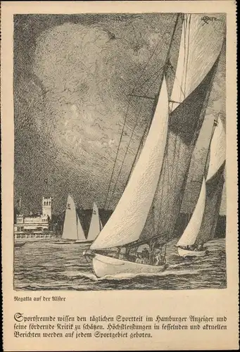 Künstler Ak Hamburg, Regatta auf der Alster, Segelboote, Fährhaus