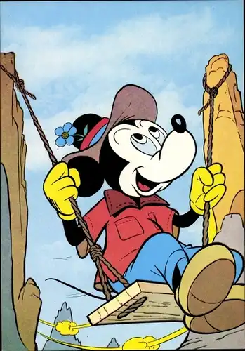 Künstler Ak Disney, Mickey Maus, Schaukel, Berge