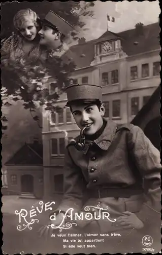 Ak Reve d'Amour, rauchender französischer Soldat, Liebespaar