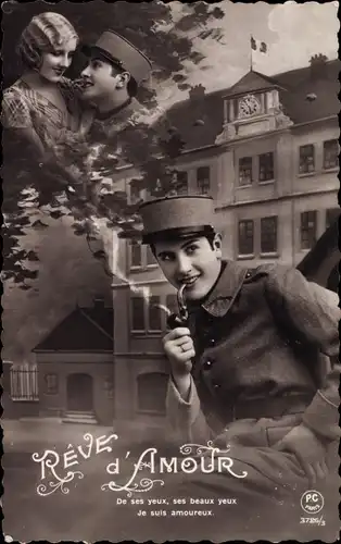 Ak Rece d'Amour, rauchender französischer Soldat, Liebespaar