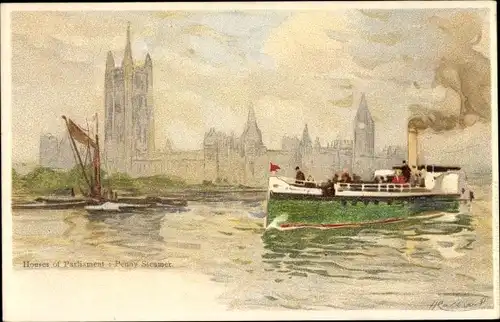 Künstler Ak London City England, Houses of Parliament, Penny Steamer