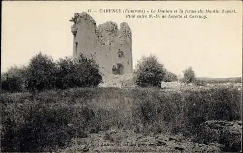 Ak Carency Pas de Calais, Le Donjon et la ferme du Moulin Topart
