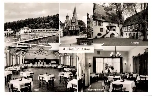 Ak Michelstadt Odenwald, Gaststätte Schmeckers Garten, Rathaus, Stadion, Kellerei