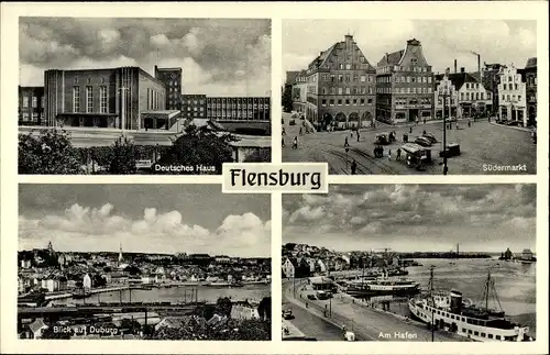 Ak Flensburg in Schleswig Holstein, Deutsches Haus, Südermarkt, Duburg, Hafen