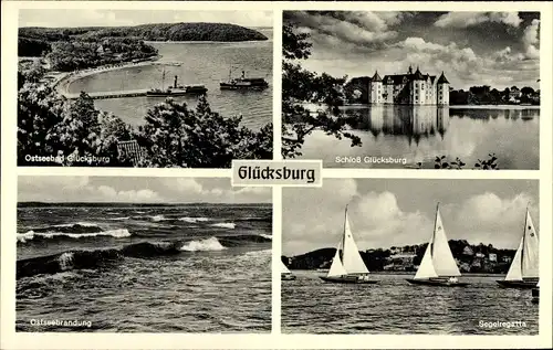 Ak Glücksburg an der Ostsee, Schloss, Segelregatta, Brandung