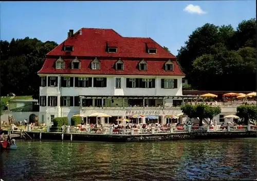 Ak Berg am Starnberger See Oberbayern, Strand-Hotel und Terrassen-Café Schloss Berg