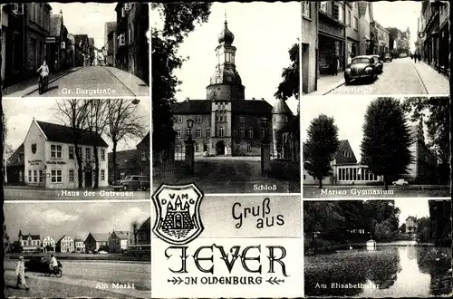 Ak Jever in Oldenburg Friesland, Gr. Burgstr., Schloss, Neuestr., Haus der Getreuen, Mariengymnasium