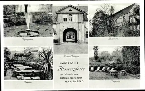 Ak Marienfeld Harsewinkel Westfalen, Gaststätte "Klosterpforte", Klosterkirche, Kaffeegarten