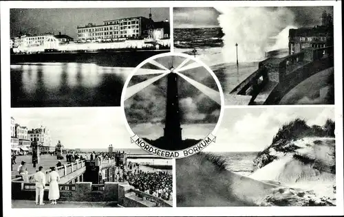 Ak Insel Borkum, Strandpromenade, Dünen, Blick vom Meer auf den Ort, Leuchtturm