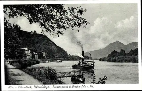 Ak Nonnenwerth ü. Drachenfels Remagen am Rhein, Blick a. Rolandseck, Rolandsbogen, Schiff