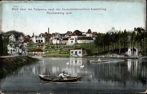 Ak Liberec Reichenberg Stadt, Blick über die Talsperre nach der Deutschböhmischen Ausstellung 1906