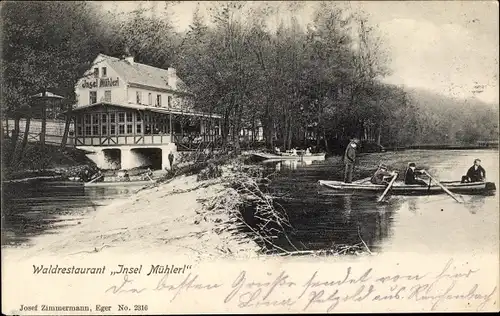 Ak Cheb Eger Region Karlsbad, Waldrestaurant "Insel Mühlerl", Ruderboot