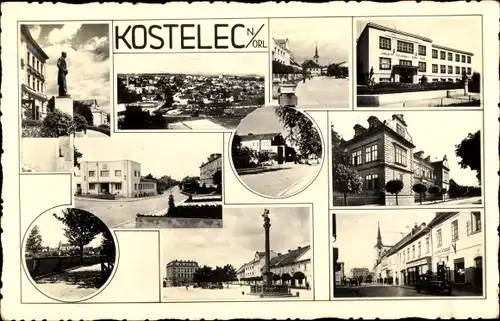 Ak Kostelec nad Orlicí Adlerkosteletz Region Königgrätz, Straßenpartie, Platz, Denkmal, Teilansicht