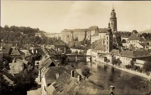 Ak Český Krumlov Böhmisch Krumau Krummau Südböhmen, Teilansicht mit Schloss