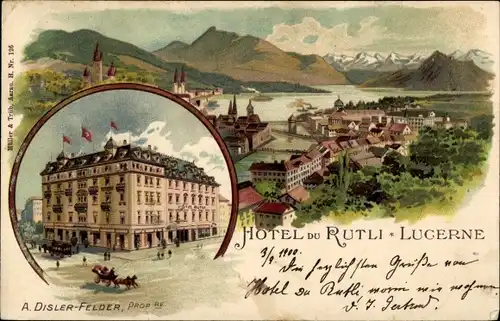 Litho Luzern Stadt Schweiz, Hotel du Rutli, A. Disler-Felder