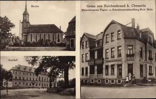 Ak Reichenbrand Chemnitz in Sachsen, Gasthof, Kirche, Materialwarenhandlung