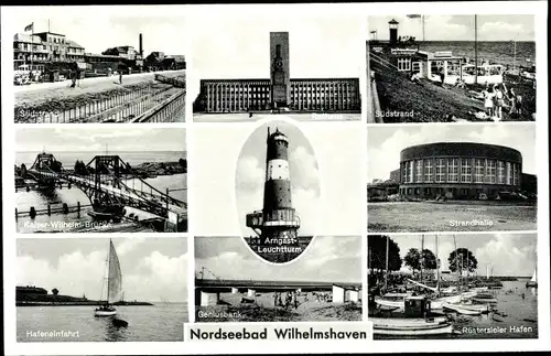 Ak Wilhelmshaven Niedersachsen, Rathaus, Arngast Leuchtturm, Geniusbank, Strandhalle, Hafen, Brücke