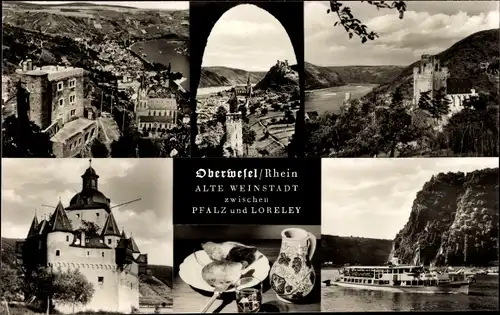 Ak Oberwesel am Rhein, Personenschifffahrt, Panorama, Teilansicht, Burg