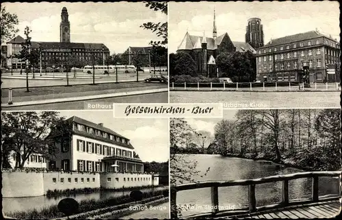 Ak Buer Gelsenkirchen im Ruhrgebiet, Schloss Berge, Urbanuskirche, Rathaus, Stadtwald
