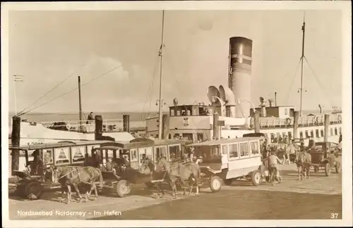 Ak Nordseebad Norderney Ostfriesland, Im Hafen, Dampfer, Pferdeomnibusse