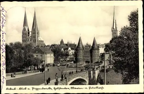 Ak Hansestadt Lübeck, Petrikirche, Puppenbrücke, Marienkirche, Holstentor