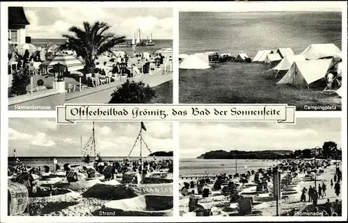 Ak Ostseebad Grömitz in Holstein, Palmeterrasse, Zeltplatz, Strand, Promenade