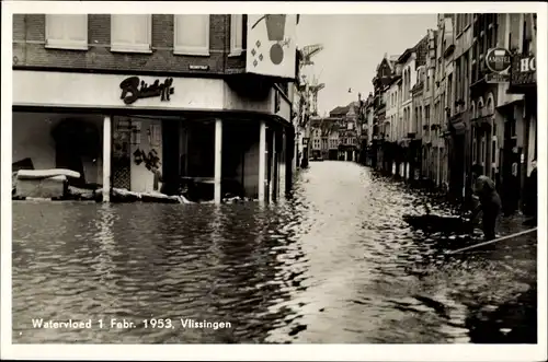 Ak Vlissingen Zeeland, Watervloed 1 Febr. 1953, Geschäft Reklame Bischoff, Amstel