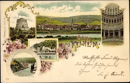 Litho Kelheim an der Donau Niederbayern, Befreiungshalle, Kloster Weltenburg, Gesamtansicht