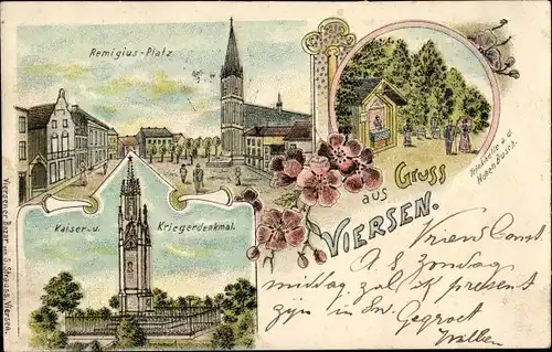 Litho Viersen in Nordrhein Westfalen, Trinkhalle a. d. Hohen Busch, Remigius Platz, Kriegerdenkmal