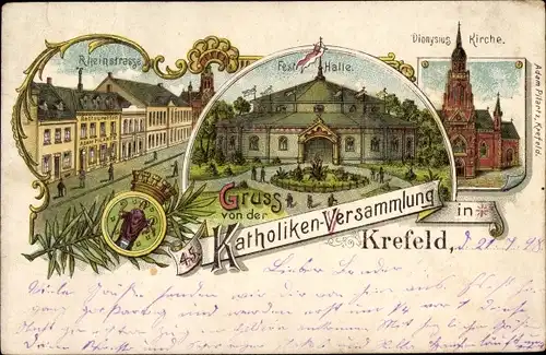 Litho Krefeld am Niederrhein, Dionysius Kirche, Festhalle, Rheinstraße, 45. Katholikenversammlung